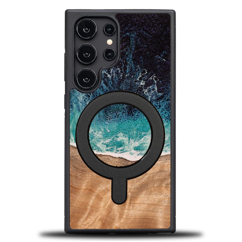 Holzhülle für Galaxy S25 Ultra, Bewood Unique Dream Island für MagSafe, Blau-Braun