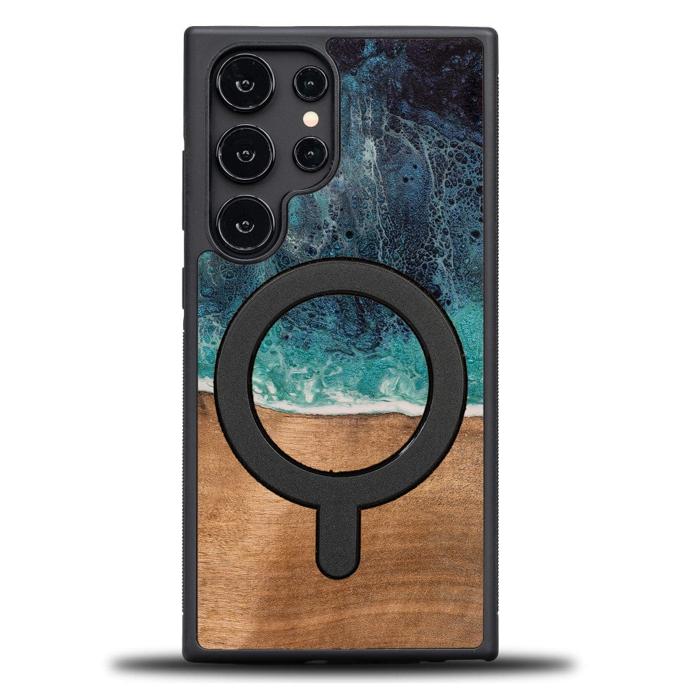 Holzhülle für Galaxy S25 Ultra, Bewood Unique Dream Island für MagSafe, Blau-Braun