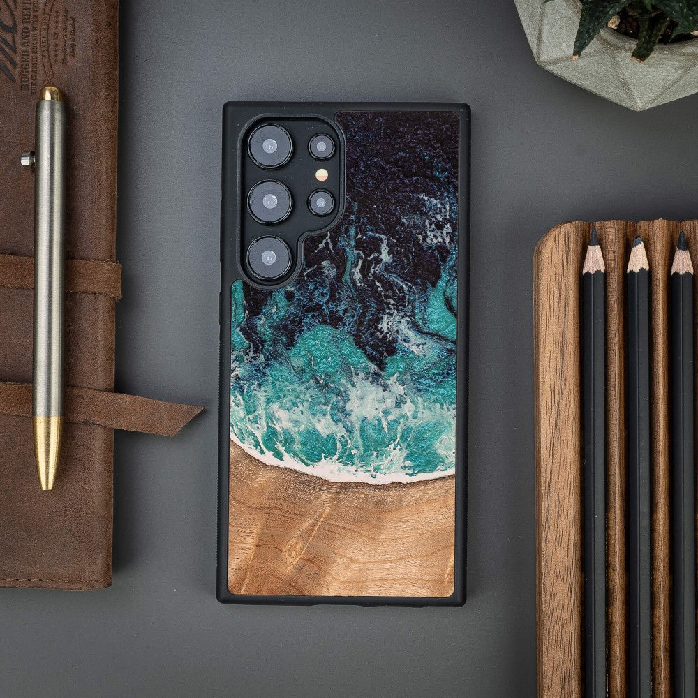 Holzhülle für Galaxy S25 Ultra, Bewood Unique Dream Island, Blau-Braun