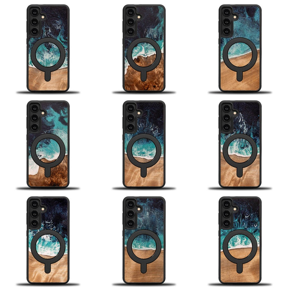 Holzhülle für Galaxy S25, Bewood Unique Dream Island für MagSafe, Blau-Braun