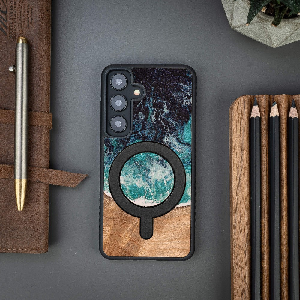 Holzhülle für Galaxy S25, Bewood Unique Dream Island für MagSafe, Blau-Braun