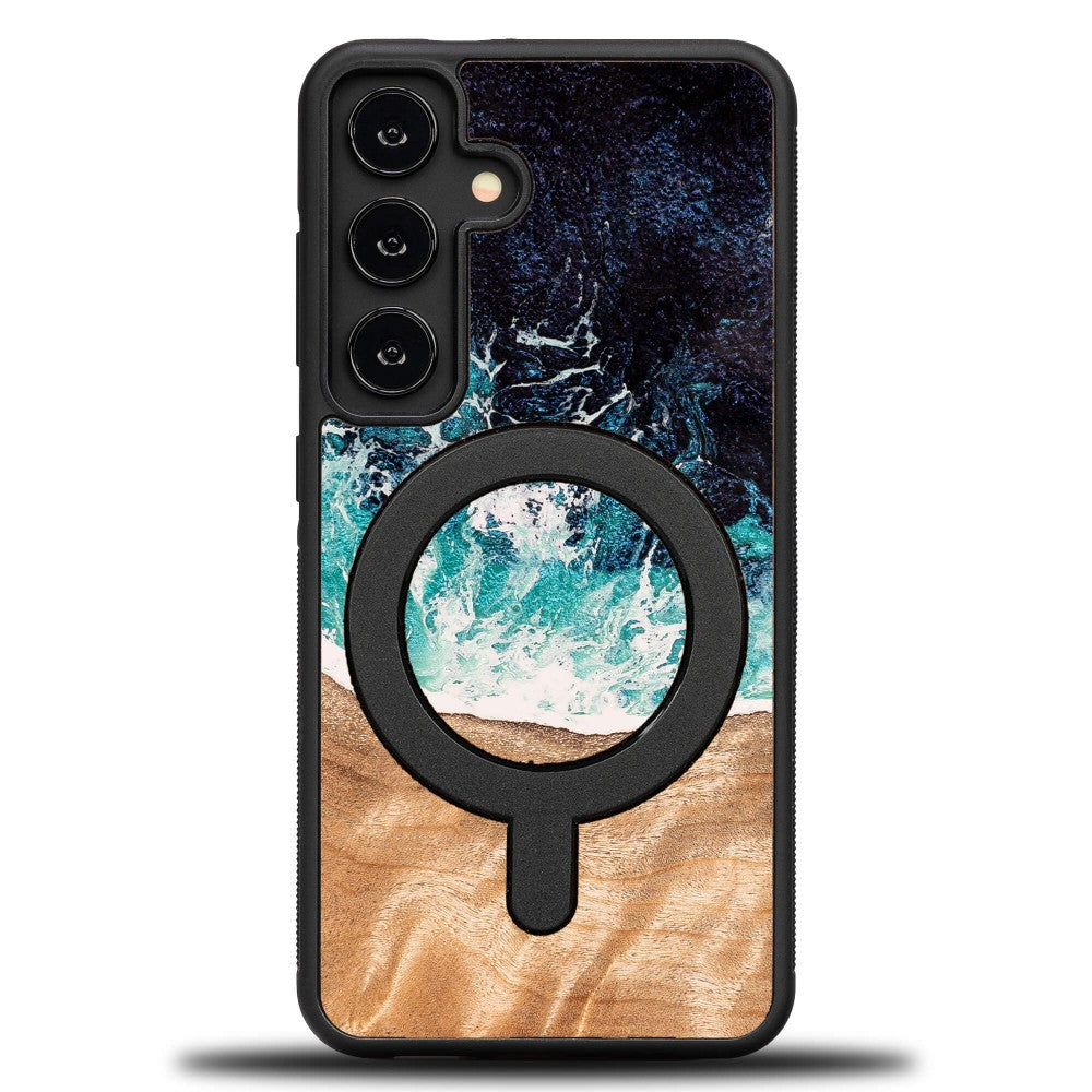 Holzhülle für Galaxy S25, Bewood Unique Dream Island für MagSafe, Blau-Braun