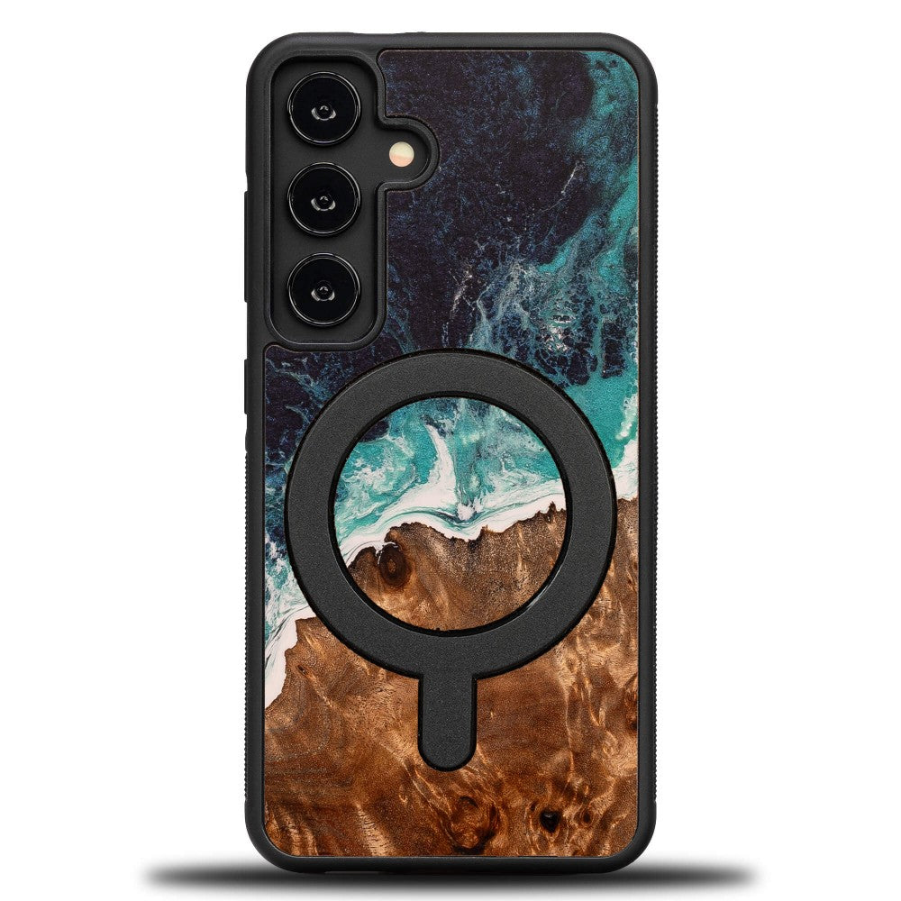 Holzhülle für Galaxy S25, Bewood Unique Dream Island für MagSafe, Blau-Braun
