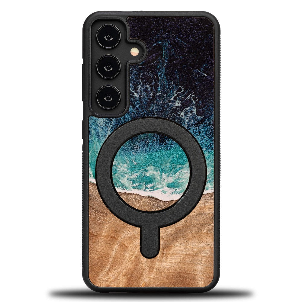 Holzhülle für Galaxy S25, Bewood Unique Dream Island für MagSafe, Blau-Braun