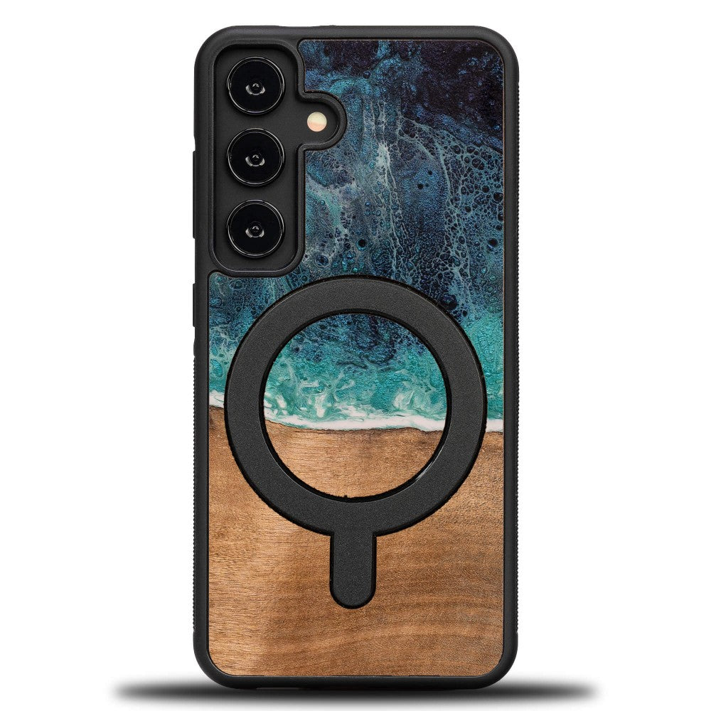 Holzhülle für Galaxy S25, Bewood Unique Dream Island für MagSafe, Blau-Braun