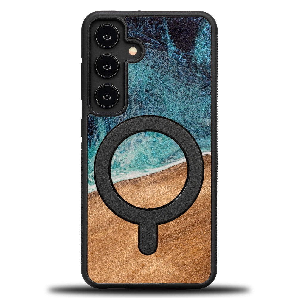 Holzhülle für Galaxy S25, Bewood Unique Dream Island für MagSafe, Blau-Braun