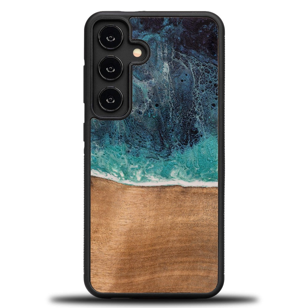Holzhülle für Galaxy S25, Bewood Unique Dream Island, Blau-Braun