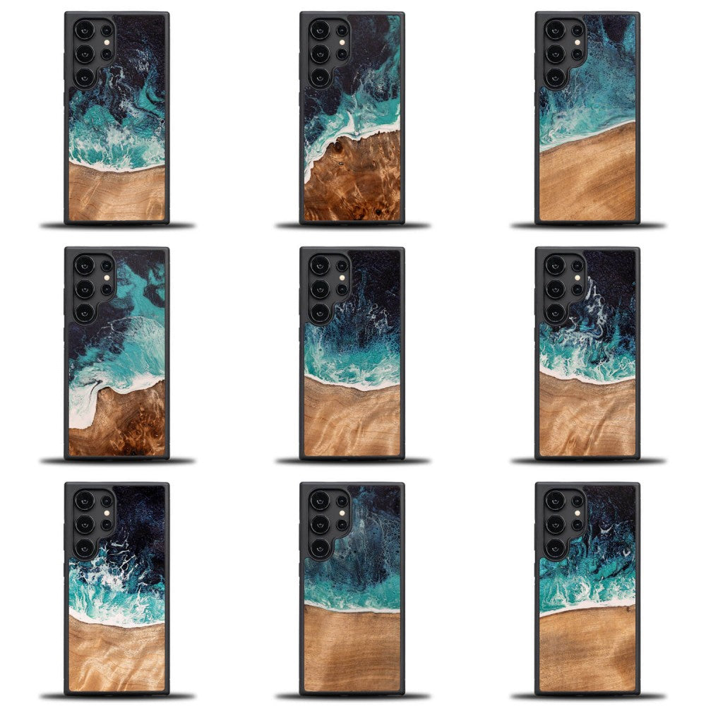 Holzhülle für Galaxy S24 Ultra, Bewood Unique Dream Island, Blau-Braun