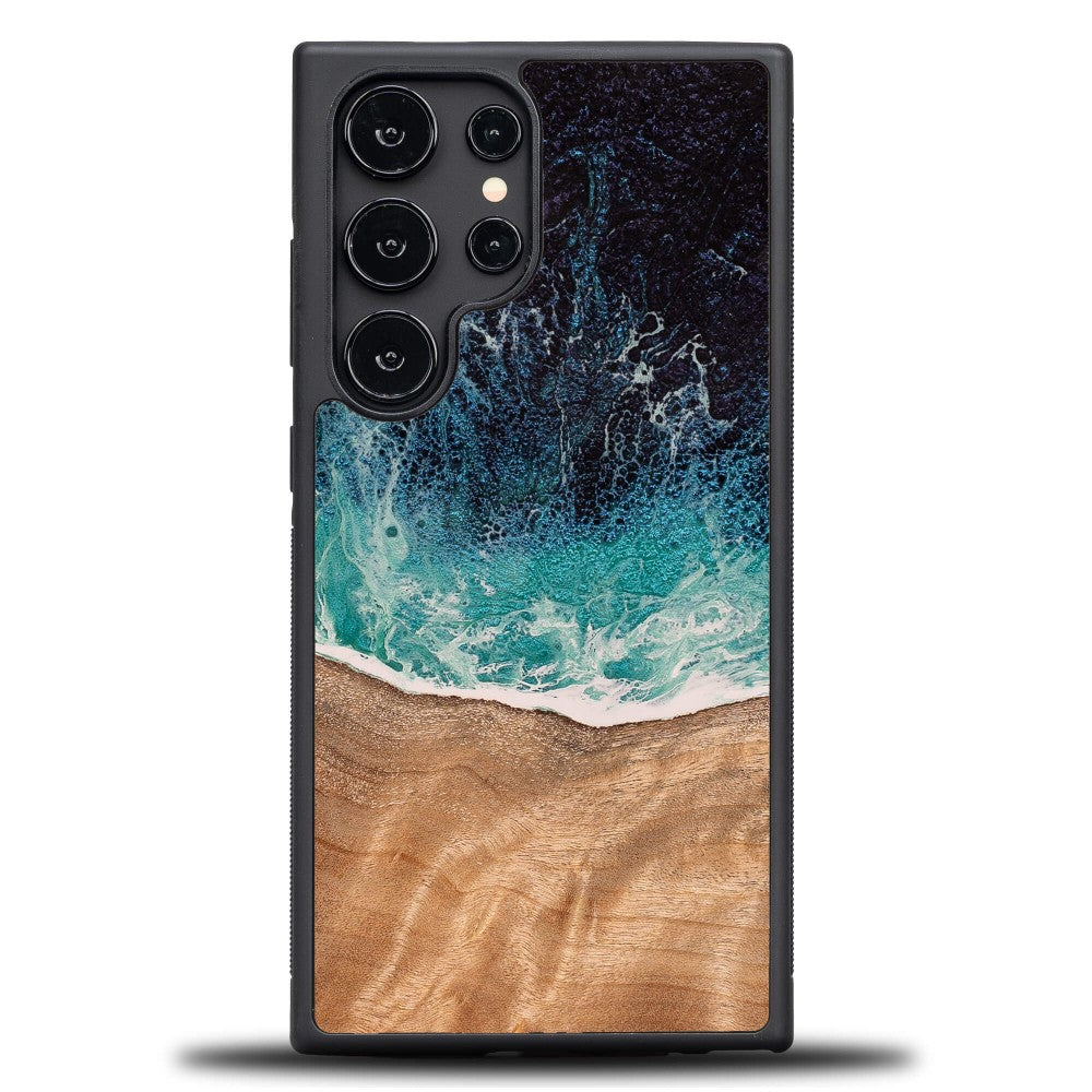 Holzhülle für Galaxy S24 Ultra, Bewood Unique Dream Island, Blau-Braun