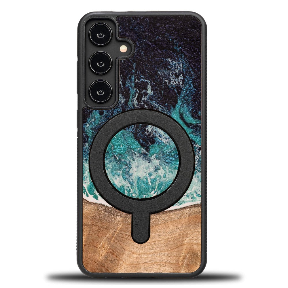 Holzhülle für Galaxy S24 FE, Bewood Unique Dream Island für MagSafe, Blau-Braun