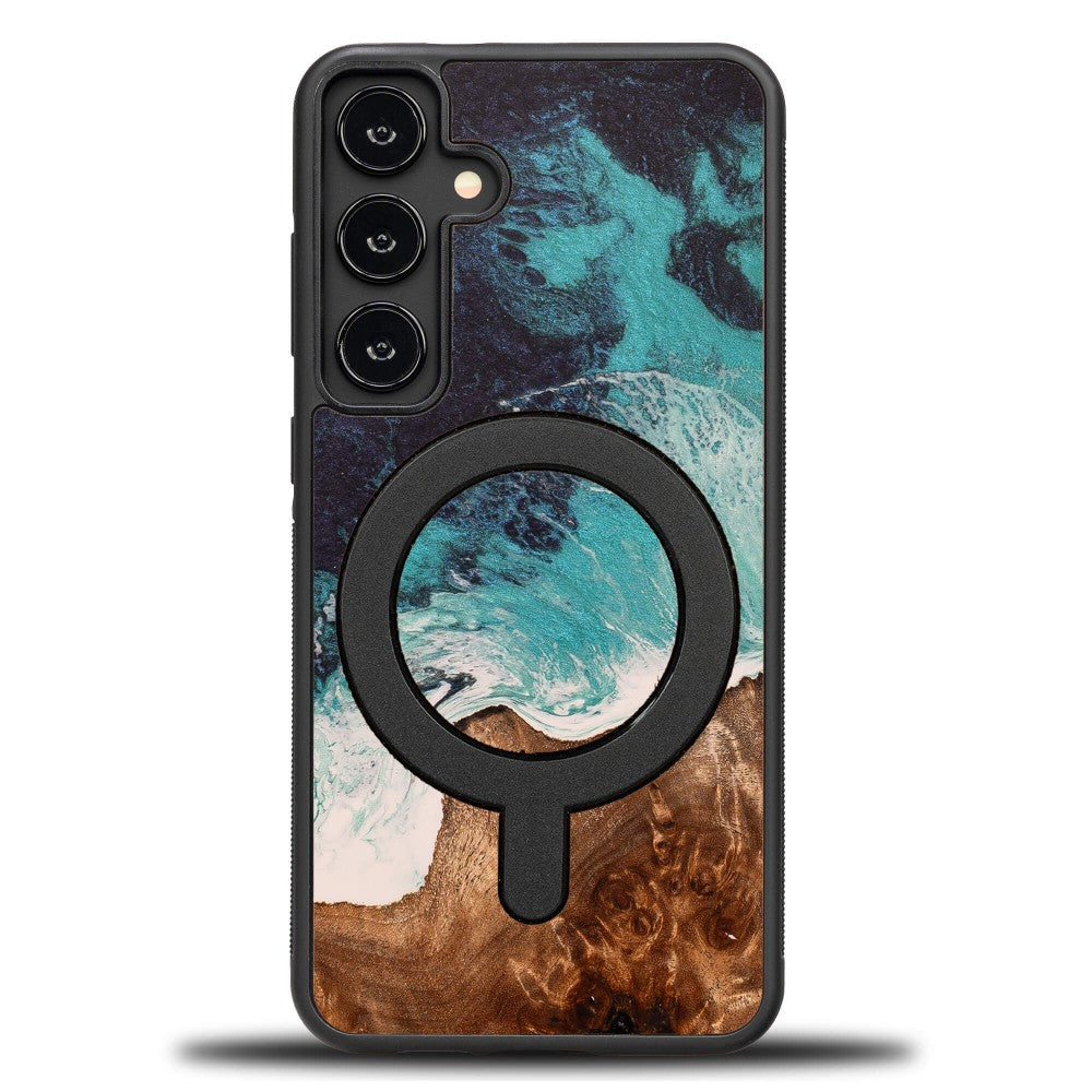 Holzhülle für Galaxy S24 FE, Bewood Unique Dream Island für MagSafe, Blau-Braun