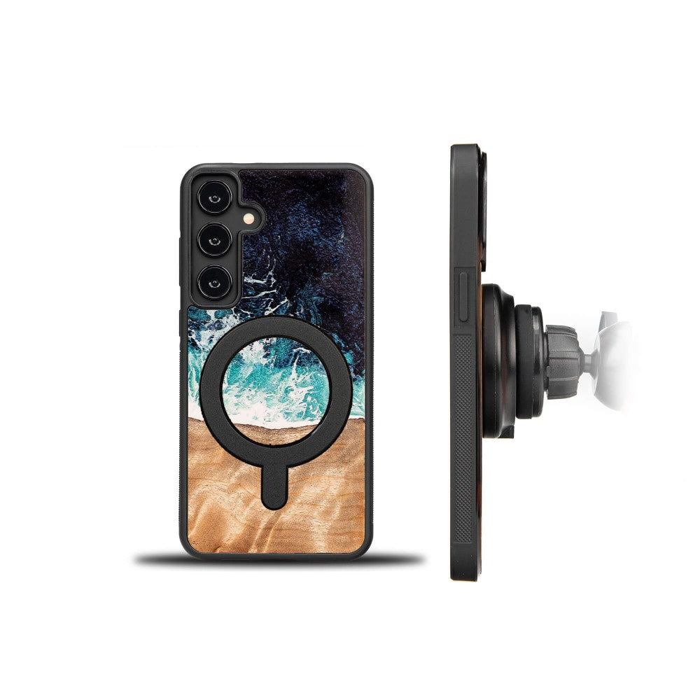 Holzhülle für Galaxy S24 FE, Bewood Unique Dream Island für MagSafe, Blau-Braun