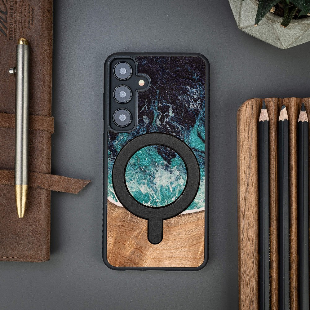 Holzhülle für Galaxy S24 FE, Bewood Unique Dream Island für MagSafe, Blau-Braun
