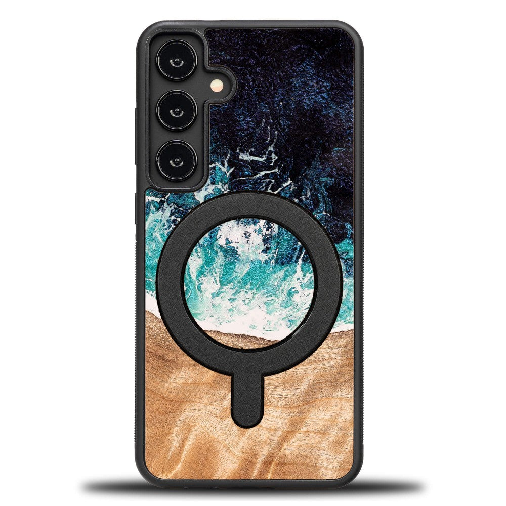 Holzhülle für Galaxy S24 FE, Bewood Unique Dream Island für MagSafe, Blau-Braun