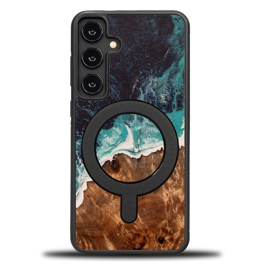 Holzhülle für Galaxy S24 FE, Bewood Unique Dream Island für MagSafe, Blau-Braun