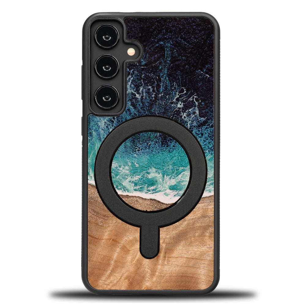 Holzhülle für Galaxy S24 FE, Bewood Unique Dream Island für MagSafe, Blau-Braun