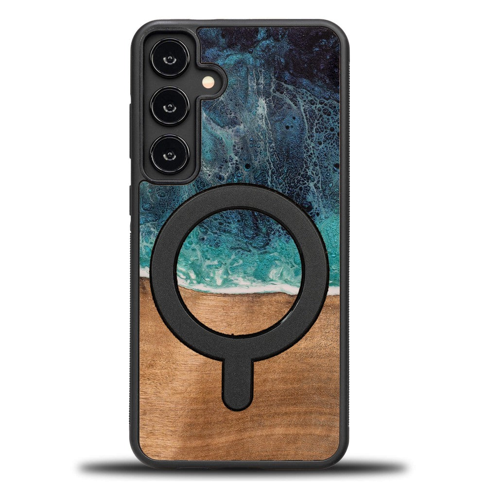 Holzhülle für Galaxy S24 FE, Bewood Unique Dream Island für MagSafe, Blau-Braun