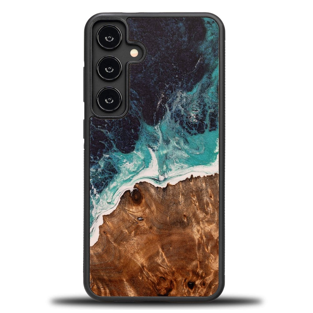 Holzhülle für Galaxy S24 FE, Bewood Unique Dream Island, Blau-Braun