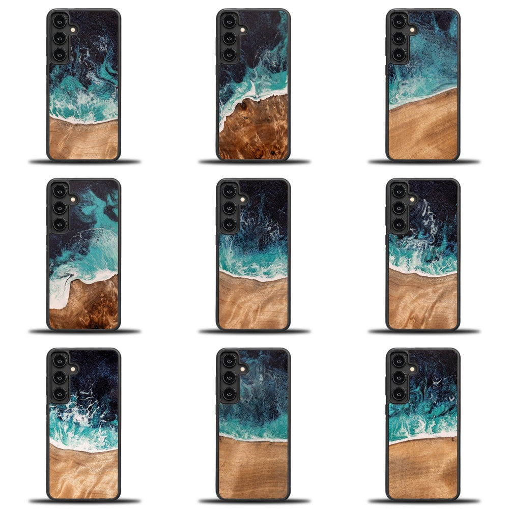 Holzhülle für Galaxy S24 FE, Bewood Unique Dream Island, Blau-Braun