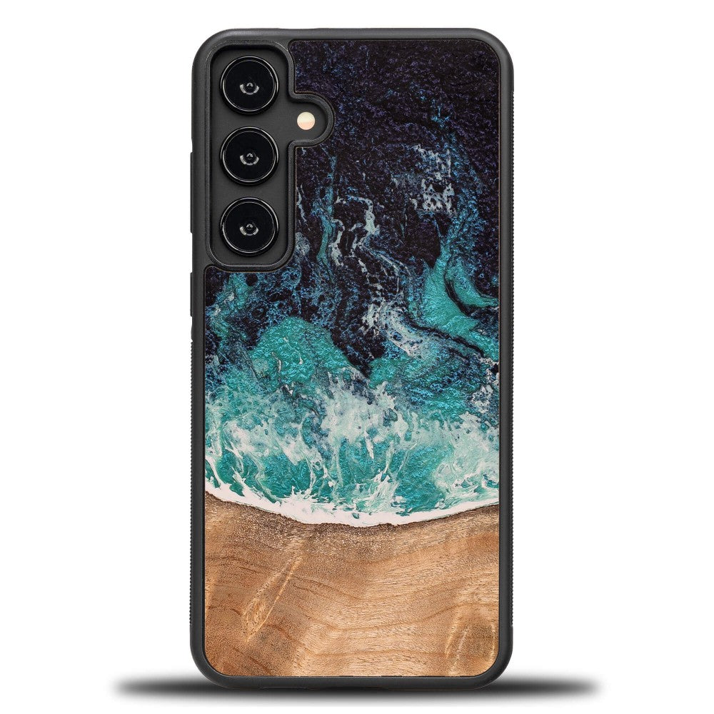 Holzhülle für Galaxy S24 FE, Bewood Unique Dream Island, Blau-Braun