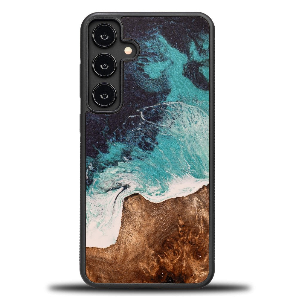Holzhülle für Galaxy S24 FE, Bewood Unique Dream Island, Blau-Braun