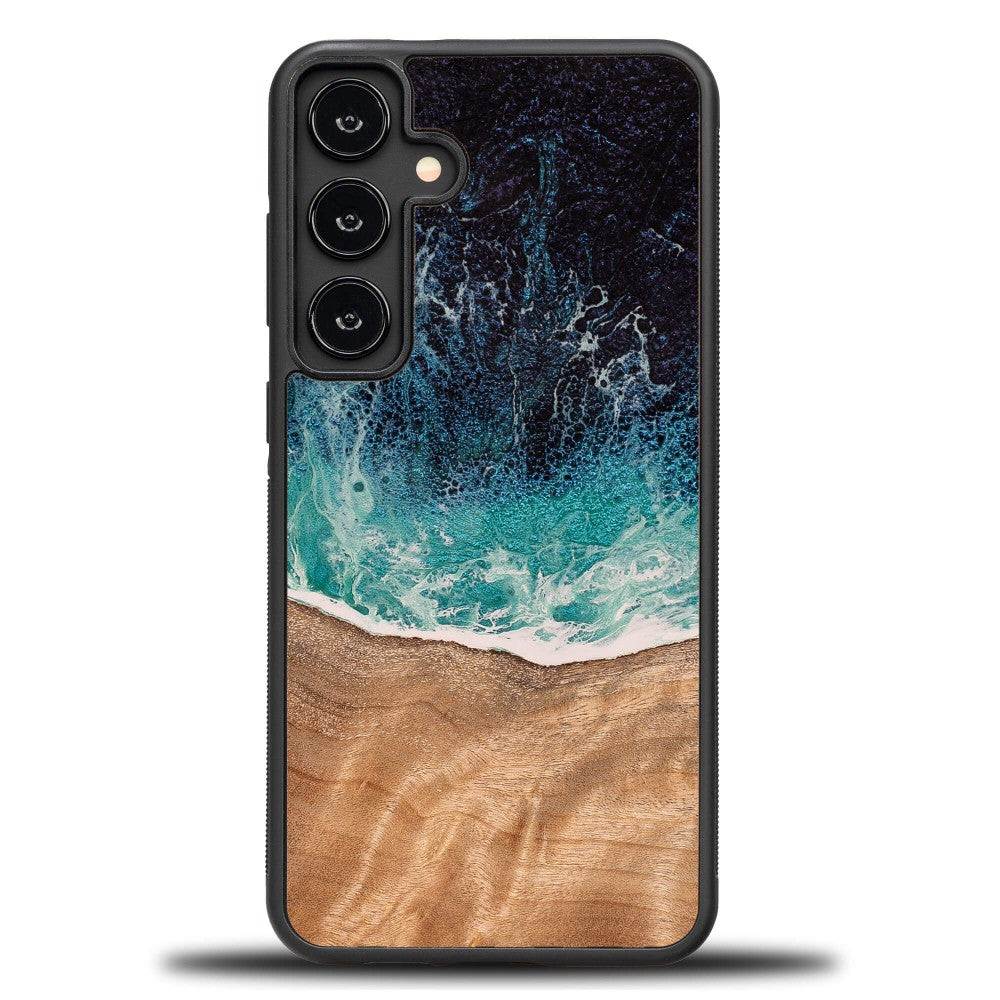 Holzhülle für Galaxy S24 FE, Bewood Unique Dream Island, Blau-Braun