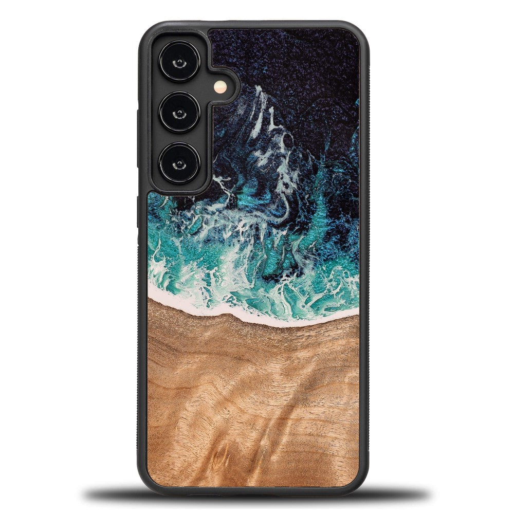 Holzhülle für Galaxy S24 FE, Bewood Unique Dream Island, Blau-Braun