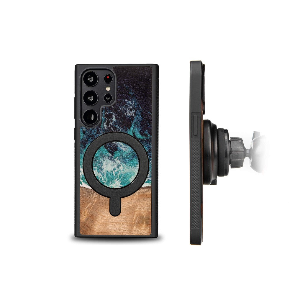 Holzhülle für Galaxy S23 Ultra, Bewood Unique Dream Island für MagSafe, Blau-Braun