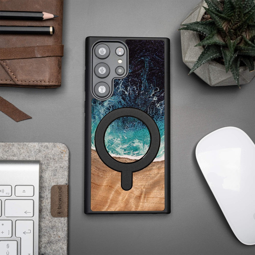 Holzhülle für Galaxy S23 Ultra, Bewood Unique Dream Island für MagSafe, Blau-Braun