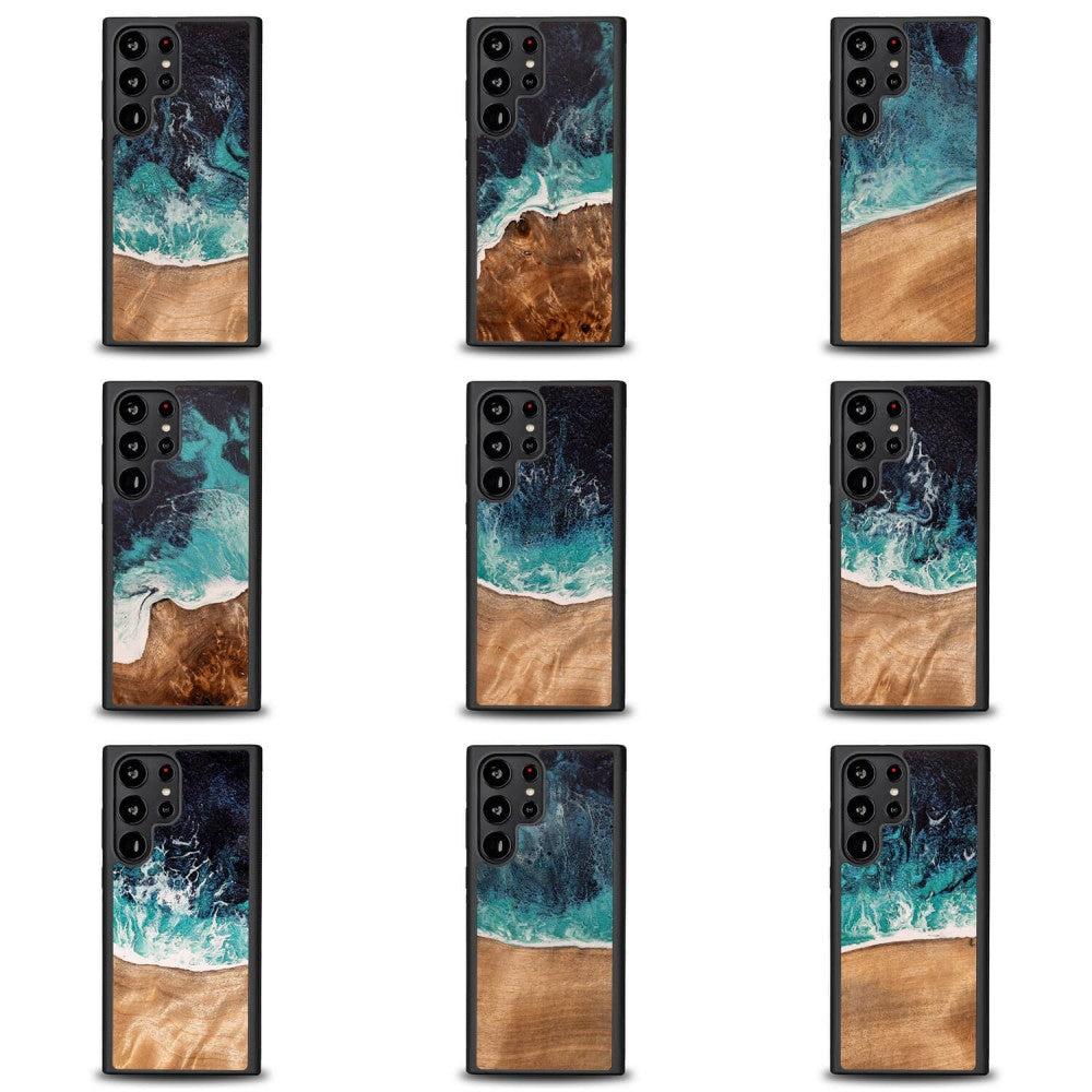 Holzhülle für Galaxy S23 Ultra, Bewood Unique Dream Island, Blau-Braun