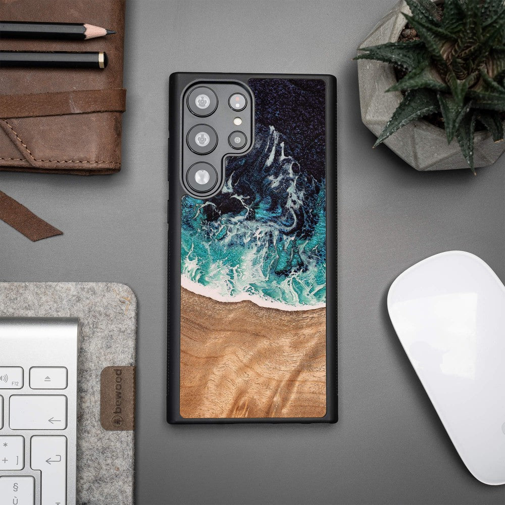 Holzhülle für Galaxy S23 Ultra, Bewood Unique Dream Island, Blau-Braun