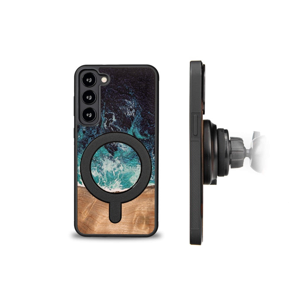 Holzhülle für Galaxy S23 Plus, Bewood Unique Dream Island für MagSafe, Blau-Braun
