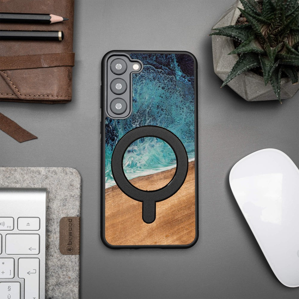 Holzhülle für Galaxy S23 Plus, Bewood Unique Dream Island für MagSafe, Blau-Braun