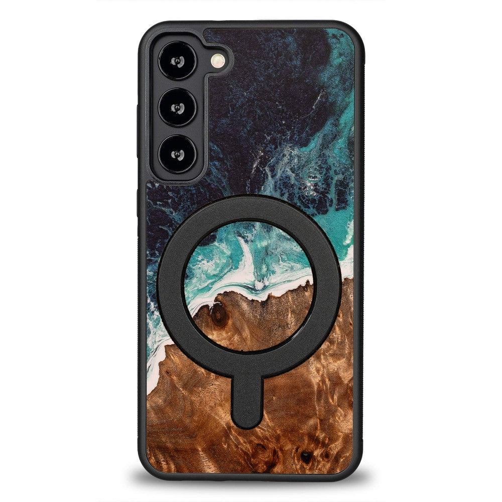 Holzhülle für Galaxy S23 Plus, Bewood Unique Dream Island für MagSafe, Blau-Braun