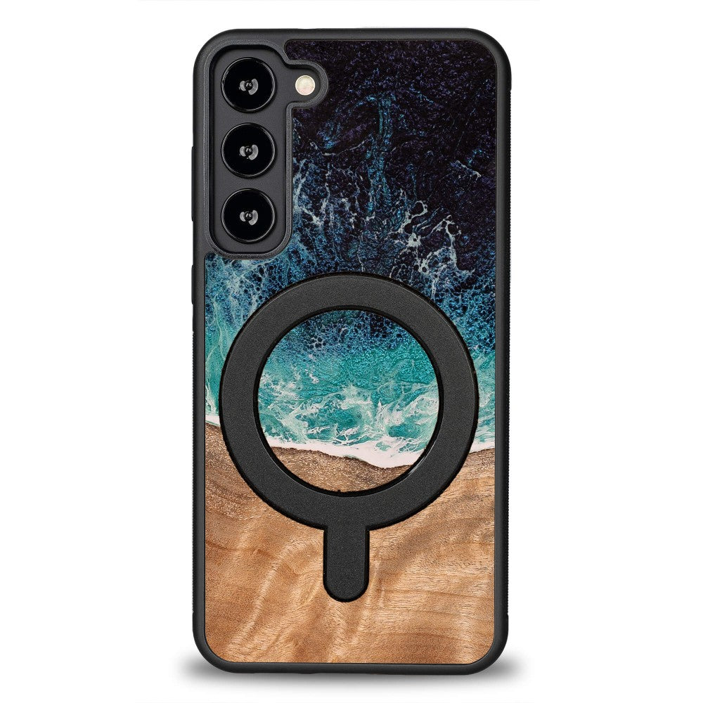 Holzhülle für Galaxy S23 Plus, Bewood Unique Dream Island für MagSafe, Blau-Braun