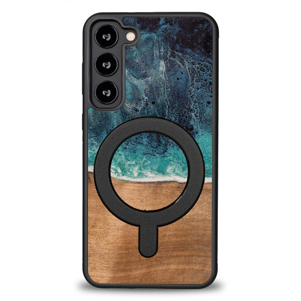 Holzhülle für Galaxy S23 Plus, Bewood Unique Dream Island für MagSafe, Blau-Braun