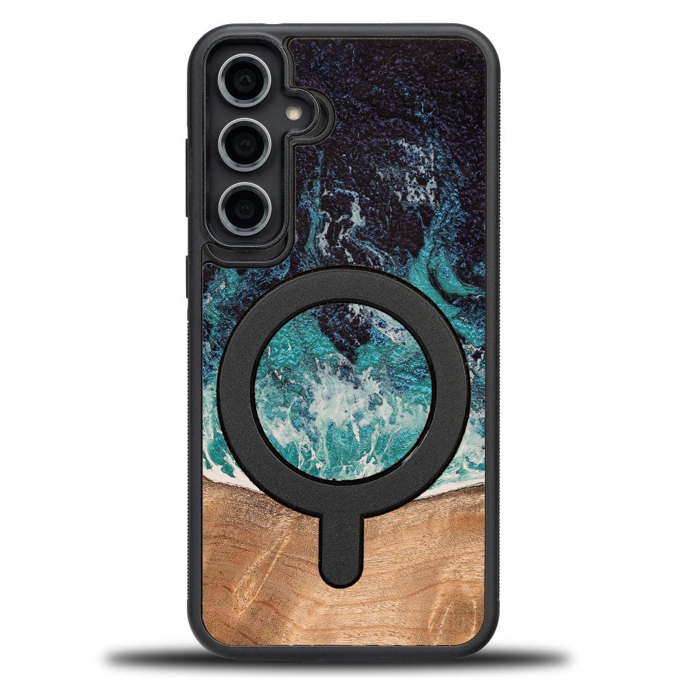 Holzhülle für Galaxy S23 FE, Bewood Unique Dream Island für MagSafe, Blau-Braun