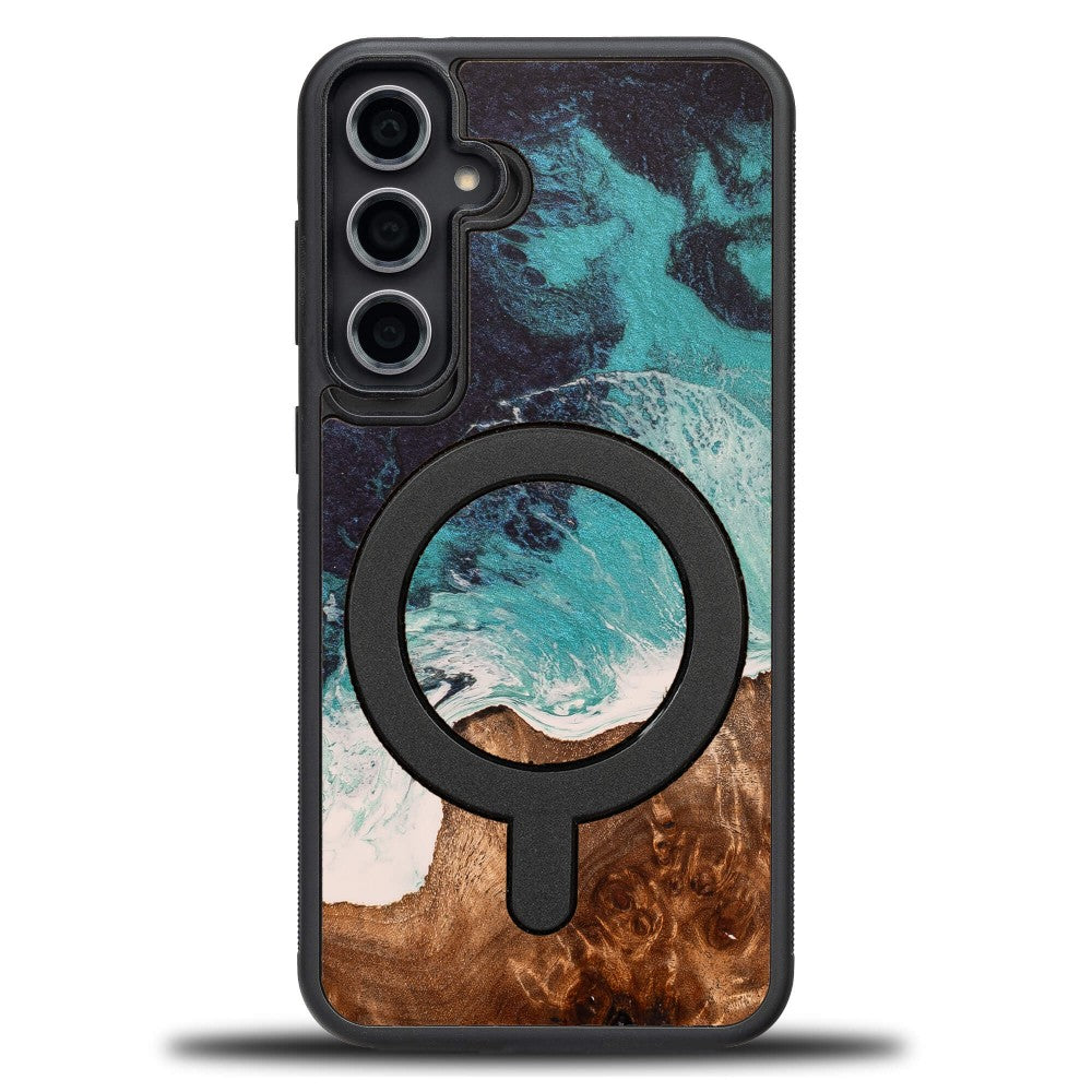 Holzhülle für Galaxy S23 FE, Bewood Unique Dream Island für MagSafe, Blau-Braun