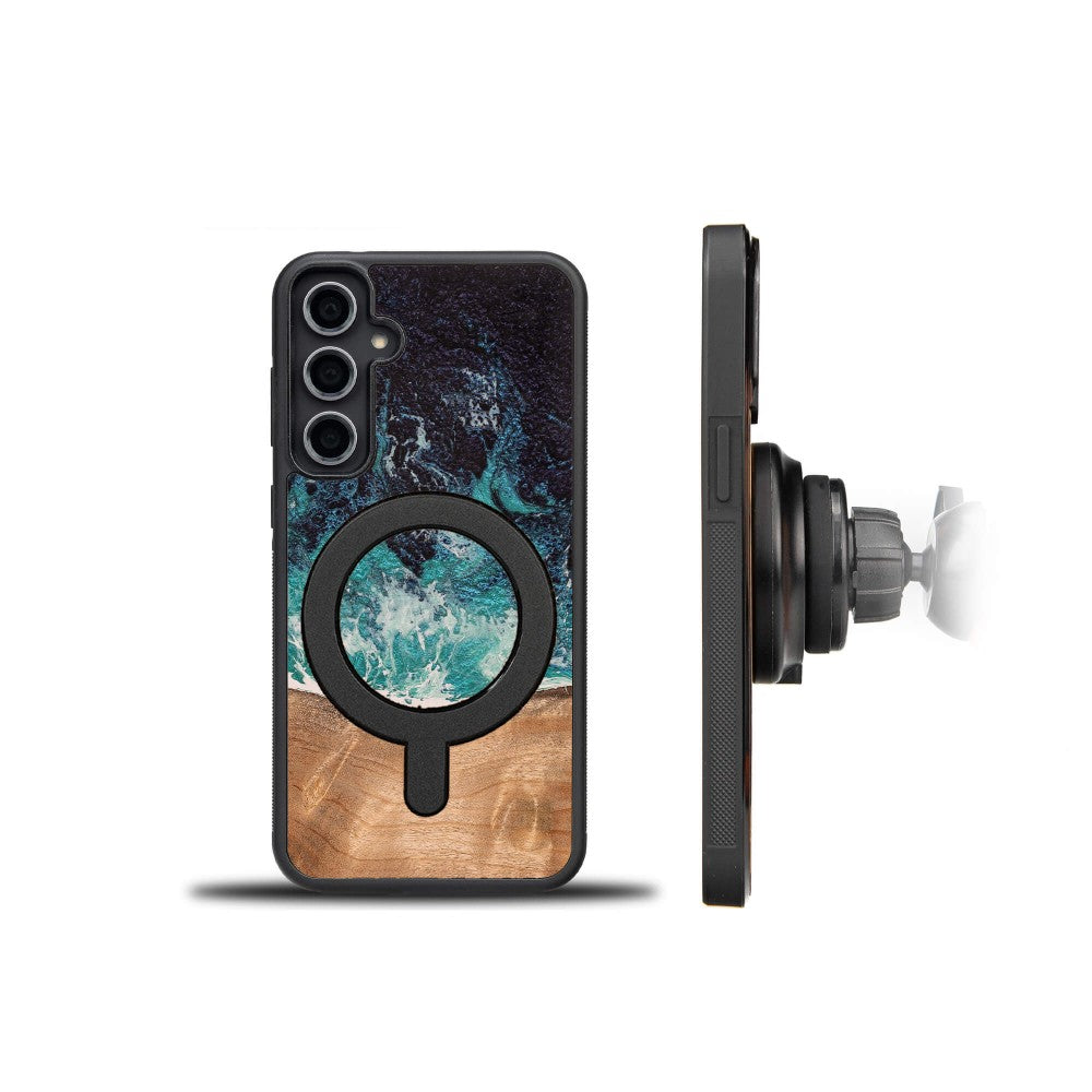Holzhülle für Galaxy S23 FE, Bewood Unique Dream Island für MagSafe, Blau-Braun
