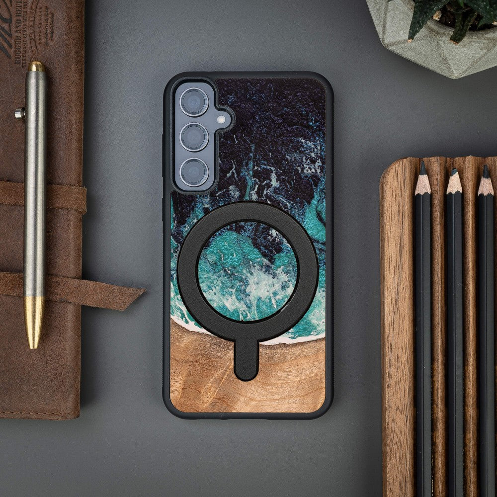 Holzhülle für Galaxy S23 FE, Bewood Unique Dream Island für MagSafe, Blau-Braun