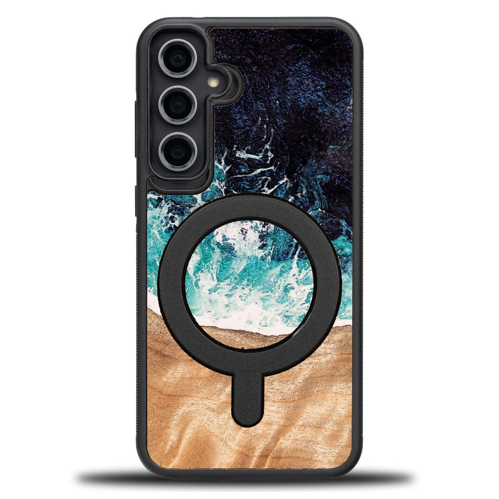 Holzhülle für Galaxy S23 FE, Bewood Unique Dream Island für MagSafe, Blau-Braun