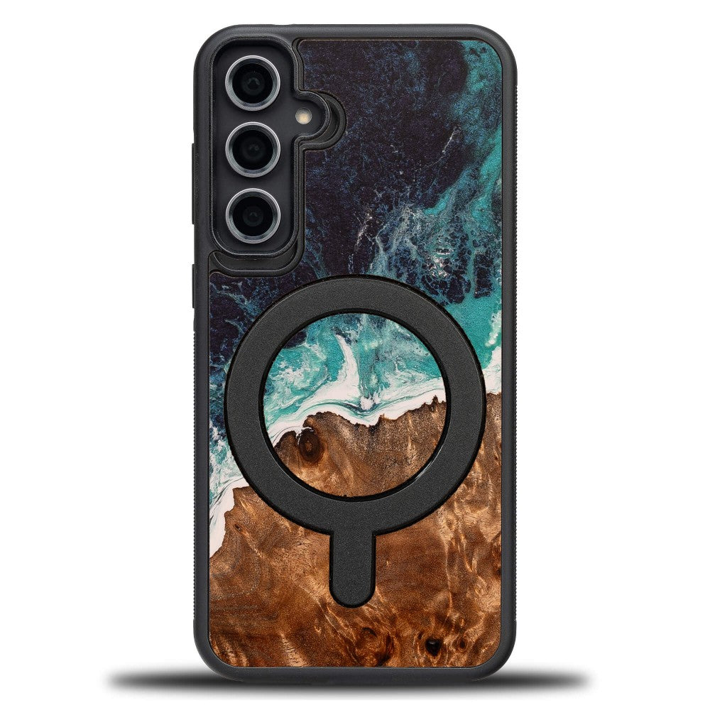 Holzhülle für Galaxy S23 FE, Bewood Unique Dream Island für MagSafe, Blau-Braun
