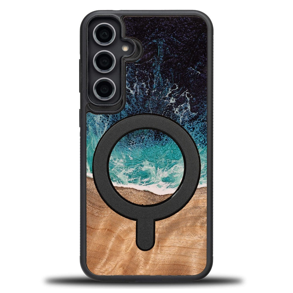 Holzhülle für Galaxy S23 FE, Bewood Unique Dream Island für MagSafe, Blau-Braun