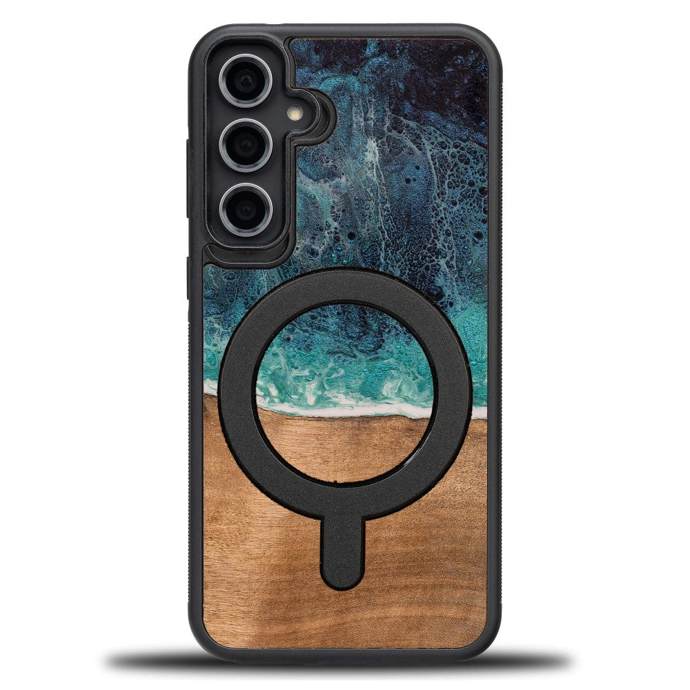 Holzhülle für Galaxy S23 FE, Bewood Unique Dream Island für MagSafe, Blau-Braun