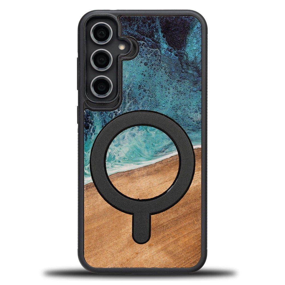 Holzhülle für Galaxy S23 FE, Bewood Unique Dream Island für MagSafe, Blau-Braun