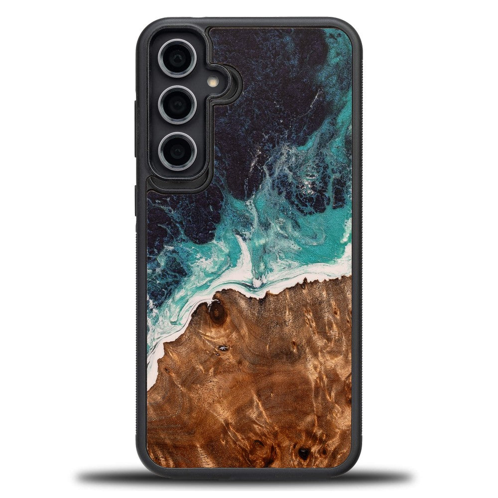 Holzhülle für Galaxy S23 FE, Bewood Unique Dream Island, Blau-Braun