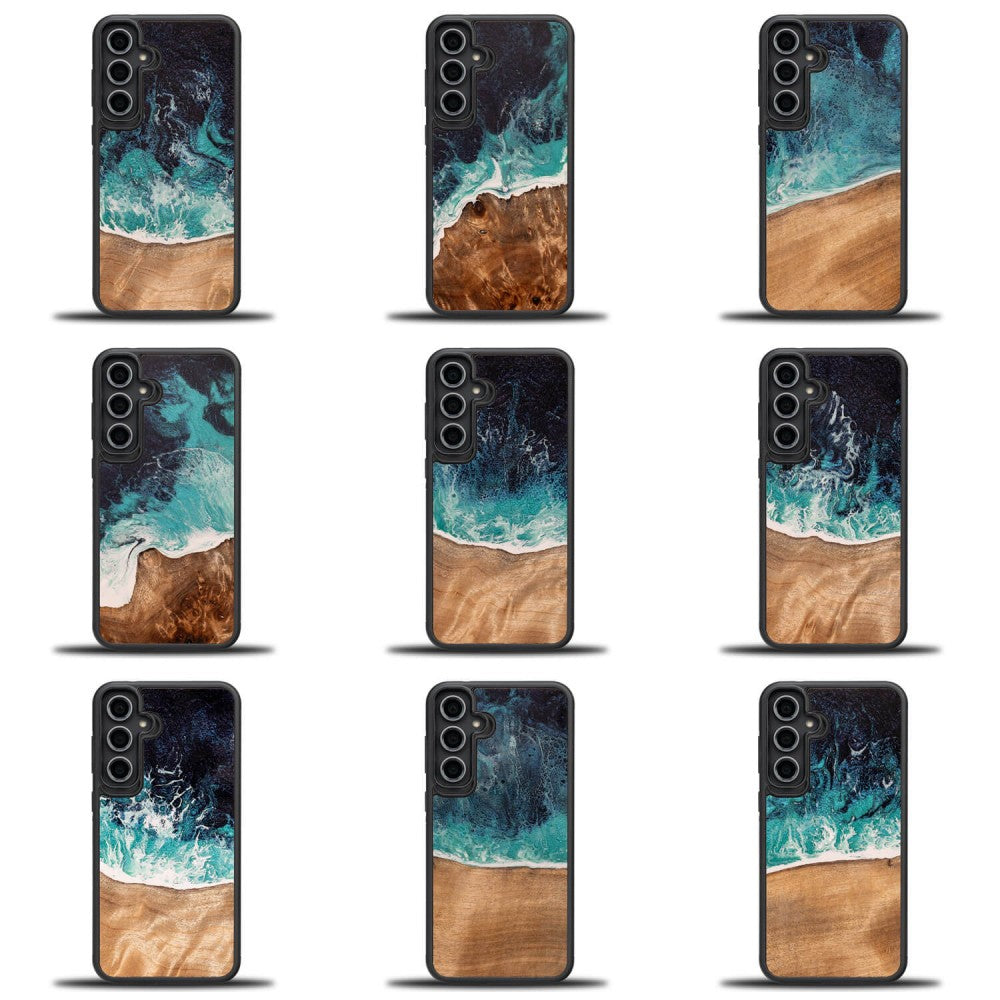 Holzhülle für Galaxy S23 FE, Bewood Unique Dream Island, Blau-Braun
