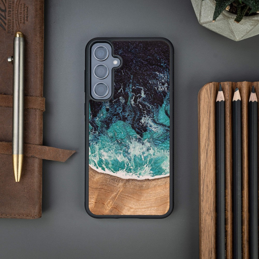 Holzhülle für Galaxy S23 FE, Bewood Unique Dream Island, Blau-Braun