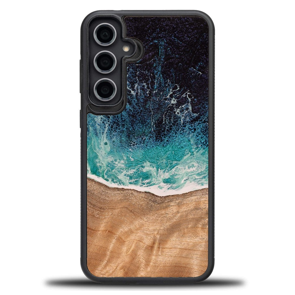 Holzhülle für Galaxy S23 FE, Bewood Unique Dream Island, Blau-Braun