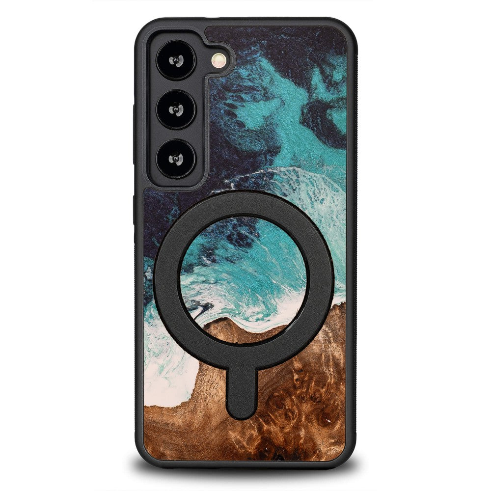 Holzhülle für Galaxy S23, Bewood Unique Dream Island für MagSafe, Blau-Braun